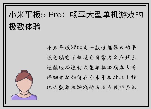小米平板5 Pro：畅享大型单机游戏的极致体验